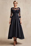 Black A Line Tea Length 3/4 Sleeve Mother of the Bride Dress with Appliques