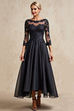 Black Chiffon A Line 3/4 Sleeves Long Mother of the Bride Dress with Appliques