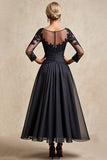 Black Chiffon A Line 3/4 Sleeves Long Mother of the Bride Dress with Appliques