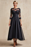 Black Chiffon A Line 3/4 Sleeves Long Mother of the Bride Dress with Appliques