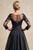 Black Chiffon A Line 3/4 Sleeves Long Mother of the Bride Dress with Appliques