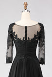 Black A Line Tea Length 3/4 Sleeve Mother of the Bride Dress with Appliques