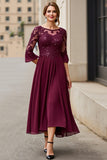 Cabernet Applique A Line Long Mother of the Bride Dress with 3/4 Sleeves
