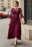 Cabernet Applique A Line Long Mother of the Bride Dress with 3/4 Sleeves