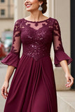 Cabernet Applique A Line Long Mother of the Bride Dress with 3/4 Sleeves