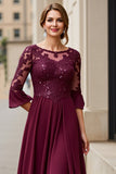 Cabernet Applique A Line Long Mother of the Bride Dress with 3/4 Sleeves