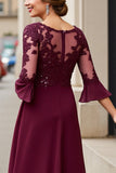 Cabernet Applique A Line Long Mother of the Bride Dress with 3/4 Sleeves