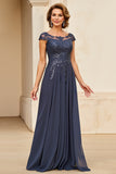 Twilight Applique Chiffon Long Mother of the Bride Dress with Cap Sleeves