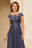 Twilight Applique Chiffon Long Mother of the Bride Dress with Cap Sleeves