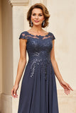 Twilight Applique Chiffon Long Mother of the Bride Dress with Cap Sleeves