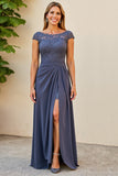 Twilight Sheath Ruched Lace Applique Long Mother of the Bride Dress with Slit