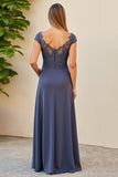 Twilight Sheath Ruched Lace Applique Long Mother of the Bride Dress with Slit