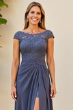 Twilight Sheath Ruched Lace Applique Long Mother of the Bride Dress with Slit