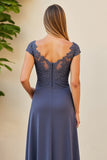Twilight Sheath Ruched Lace Applique Long Mother of the Bride Dress with Slit