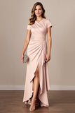 Apricot Satin Sheath Ruched Long Mother of the Bride Dress with Slit
