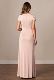 Apricot Satin Sheath Ruched Long Mother of the Bride Dress with Slit