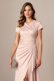 Apricot Satin Sheath Ruched Long Mother of the Bride Dress with Slit
