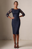 Bodycon Navy 3/4 Sleeves Midi Mother of the Bride Dress with Lace Appliques