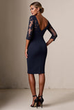 Bodycon Navy 3/4 Sleeves Midi Mother of the Bride Dress with Lace Appliques