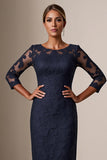 Bodycon Navy 3/4 Sleeves Midi Mother of the Bride Dress with Lace Appliques