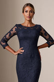 Bodycon Navy 3/4 Sleeves Midi Mother of the Bride Dress with Lace Appliques