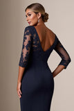 Bodycon Navy 3/4 Sleeves Midi Mother of the Bride Dress with Lace Appliques