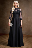 Black Satin A Line 3/4 Sleeves Long Mother of the Bride Dress with Lace Appliques