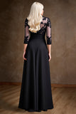 Black Satin A Line 3/4 Sleeves Long Mother of the Bride Dress with Lace Appliques