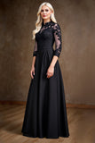 Black Satin A Line 3/4 Sleeves Long Mother of the Bride Dress with Lace Appliques