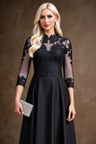 Black Satin A Line 3/4 Sleeves Long Mother of the Bride Dress with Lace Appliques