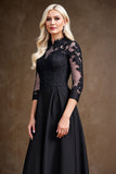 Black Satin A Line 3/4 Sleeves Long Mother of the Bride Dress with Lace Appliques