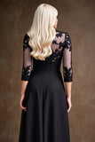Black Satin A Line 3/4 Sleeves Long Mother of the Bride Dress with Lace Appliques