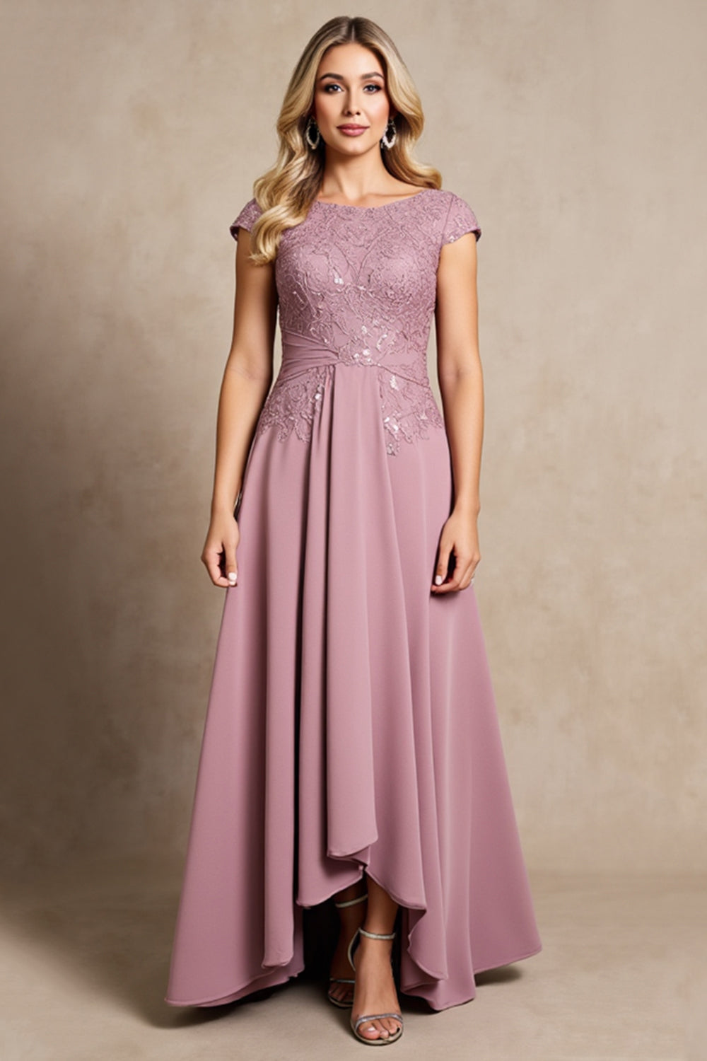 Vintage Mauve Chiffon A Line Cap Sleeves Long Mother of the Bride Dress
