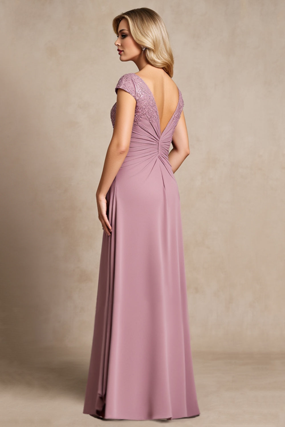Vintage Mauve Chiffon A Line Cap Sleeves Long Mother of the Bride Dress