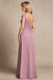 Vintage Mauve Chiffon A Line Cap Sleeves Long Mother of the Bride Dress