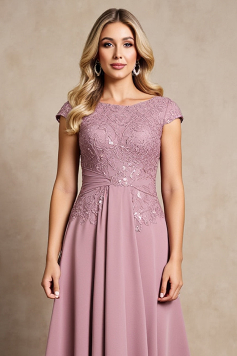 Vintage Mauve Chiffon A Line Cap Sleeves Long Mother of the Bride Dress