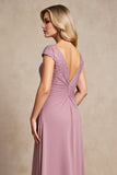 Vintage Mauve Chiffon A Line Cap Sleeves Long Mother of the Bride Dress