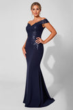 Navy Off the Shoulder Mermaid Long Mother of the Bride Dress with Appliques