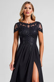 Black Chiffon A Line Appliqued Long Mother of the Bride Dress with Slit