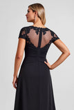 Black Chiffon A Line Appliqued Long Mother of the Bride Dress with Slit