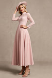 Candy Pink Satin High Neck Long Sleeves Mother of the Bride Dress with Appliques