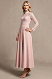 Candy Pink Satin High Neck Long Sleeves Mother of the Bride Dress with Appliques