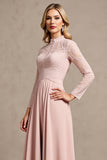 Candy Pink Satin High Neck Long Sleeves Mother of the Bride Dress with Appliques