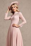 Candy Pink Satin High Neck Long Sleeves Mother of the Bride Dress with Appliques