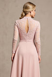Candy Pink Satin High Neck Long Sleeves Mother of the Bride Dress with Appliques