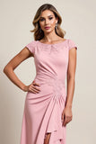 Blush High-Low Ruched Mother of the Bride dress with Cap Sleeves