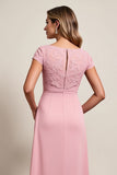 Blush High-Low Ruched Mother of the Bride dress with Cap Sleeves