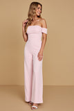 Off The Shoulder Chiffon Pink Bridesmaid Jumpsuit