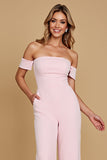 Off The Shoulder Chiffon Pink Bridesmaid Jumpsuit