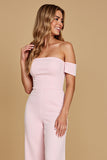 Off The Shoulder Chiffon Pink Bridesmaid Jumpsuit